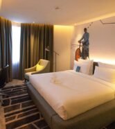 Modern hotel room interior in South Jakarta, offering cozy ambiance with warm lighting and stylish decor.