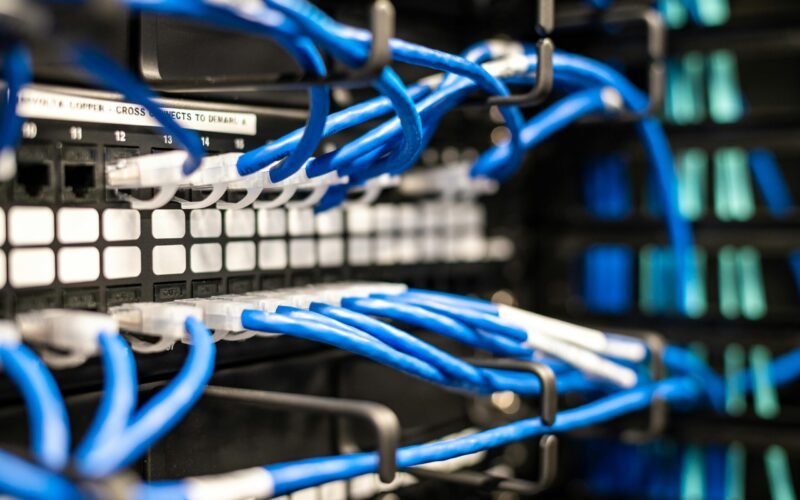 Blue plastic wires with white tips connected to server and provide access to information