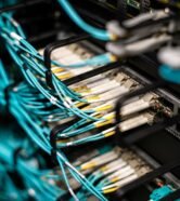 Numerous wires and cables mounted into server patch panel in modern data center