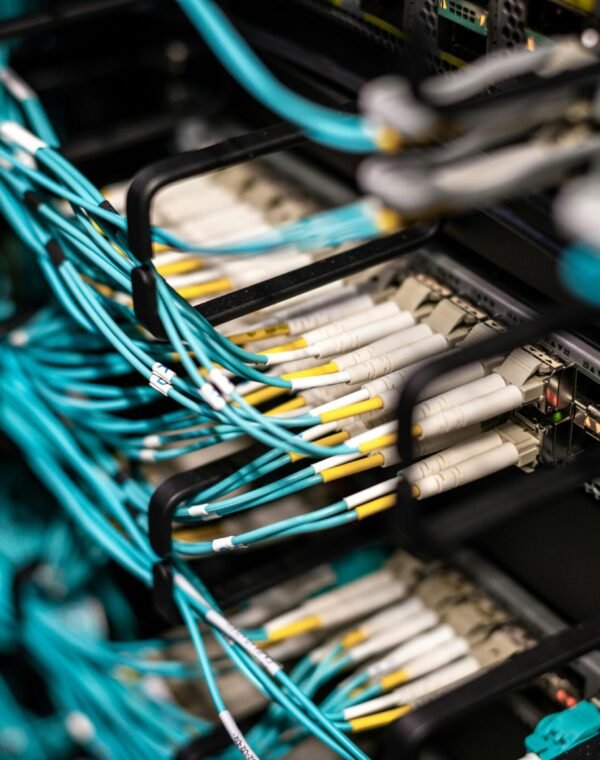 Numerous wires and cables mounted into server patch panel in modern data center